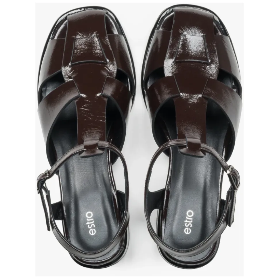 Dame sandaler i mørkebrun patent ekte skinn med lav hæl ER00119574
