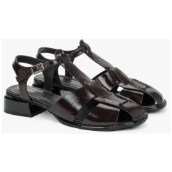 Dame sandaler i mørkebrun patent ekte skinn med lav hæl ER00119574