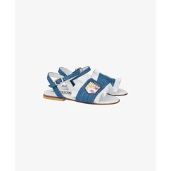 Flate denim sandaler med volanger