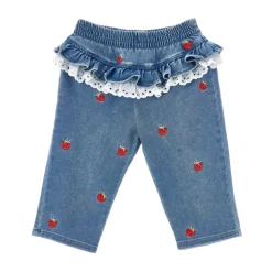 Strawberry-Embroidered Ruffled Jeans
